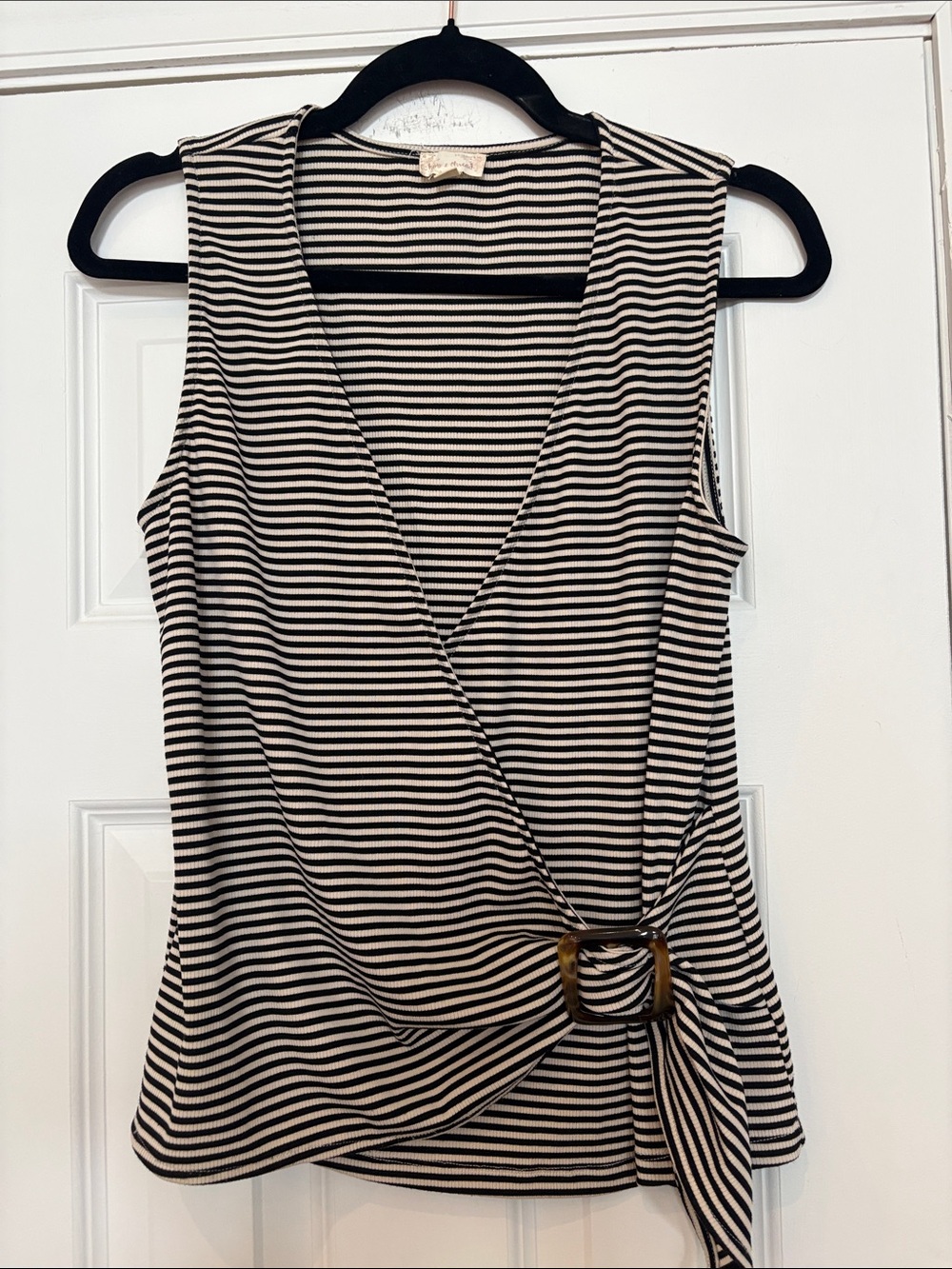 Hem & Thread Black and Cream Striped Wrap Tank with Tortoiseshell Buckle